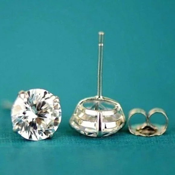 Solid 14k White Gold Heavy Basket Set Earrings w/AAA Quality White Stone Sz 9mm